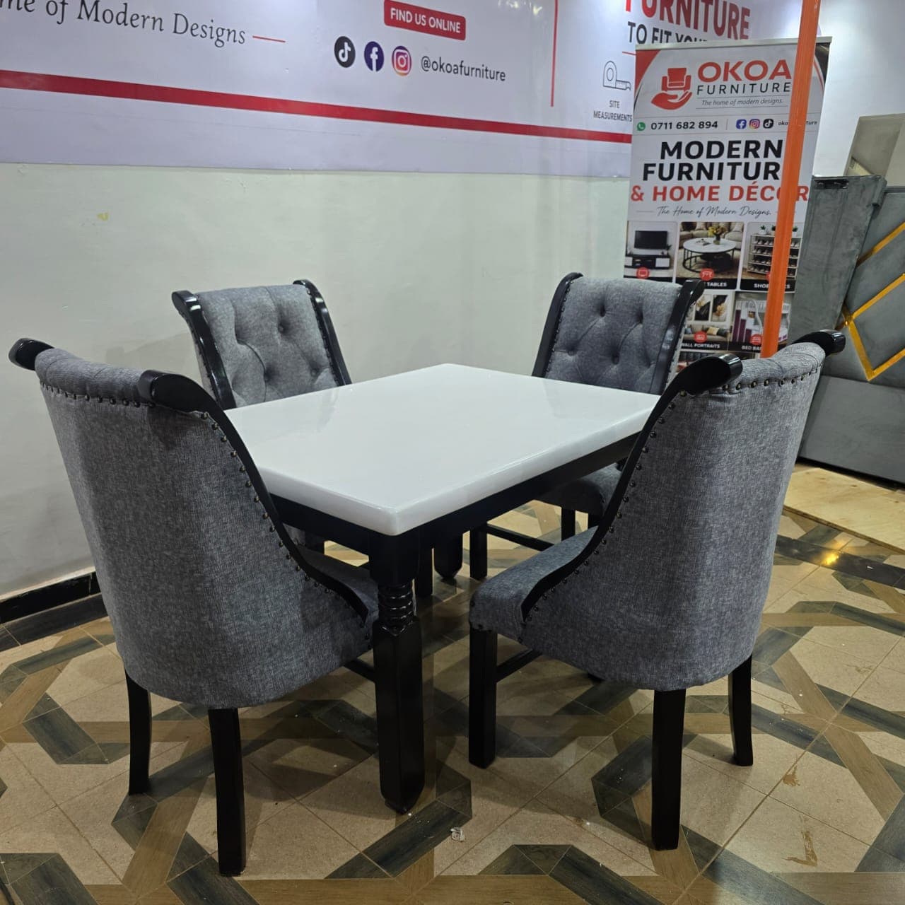 Marble Top Dining Set (Black & Grey)